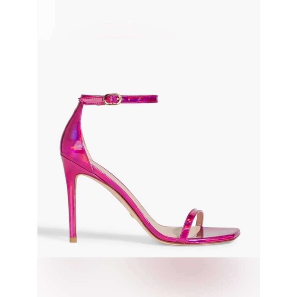 Stuart Weitzman Nudistcurve 100 Metallic Pink Stiletto Square Toe Sandals Sz 7B - Picture 14 of 16